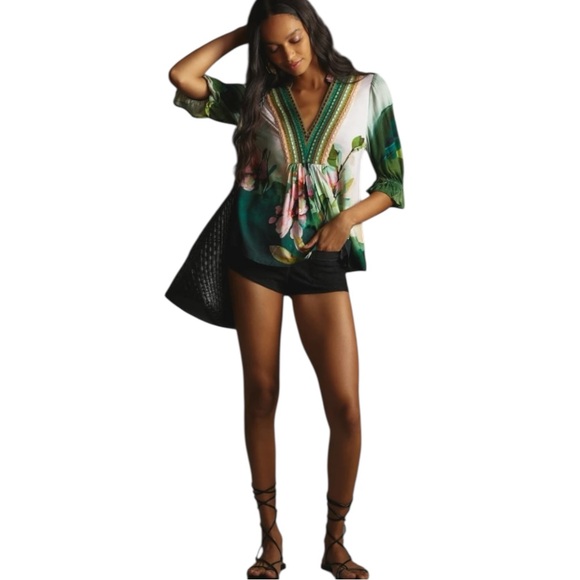 Anthropologie Green and Pink Floral Blouse - Picture 4 of 11